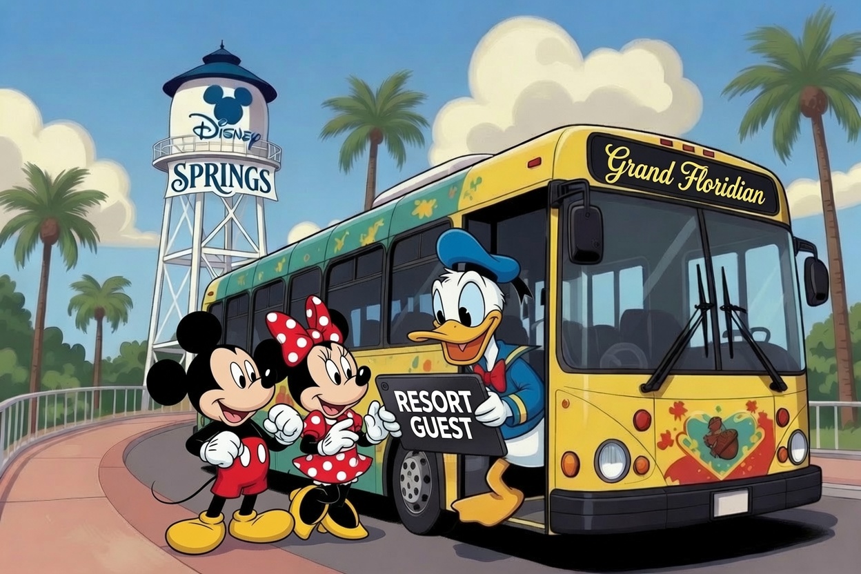 image shows mickey and minnie boarding a disney bus with donald as the bus conductor