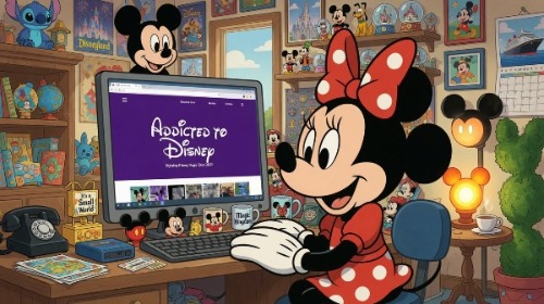 Image shows minnie mouse sitting at a desk on a computer