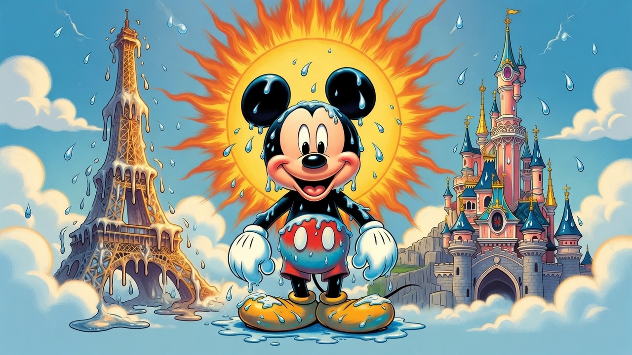 Image shows a melting eiffel tower with mickey mouse looking hot due to a bright sunshine