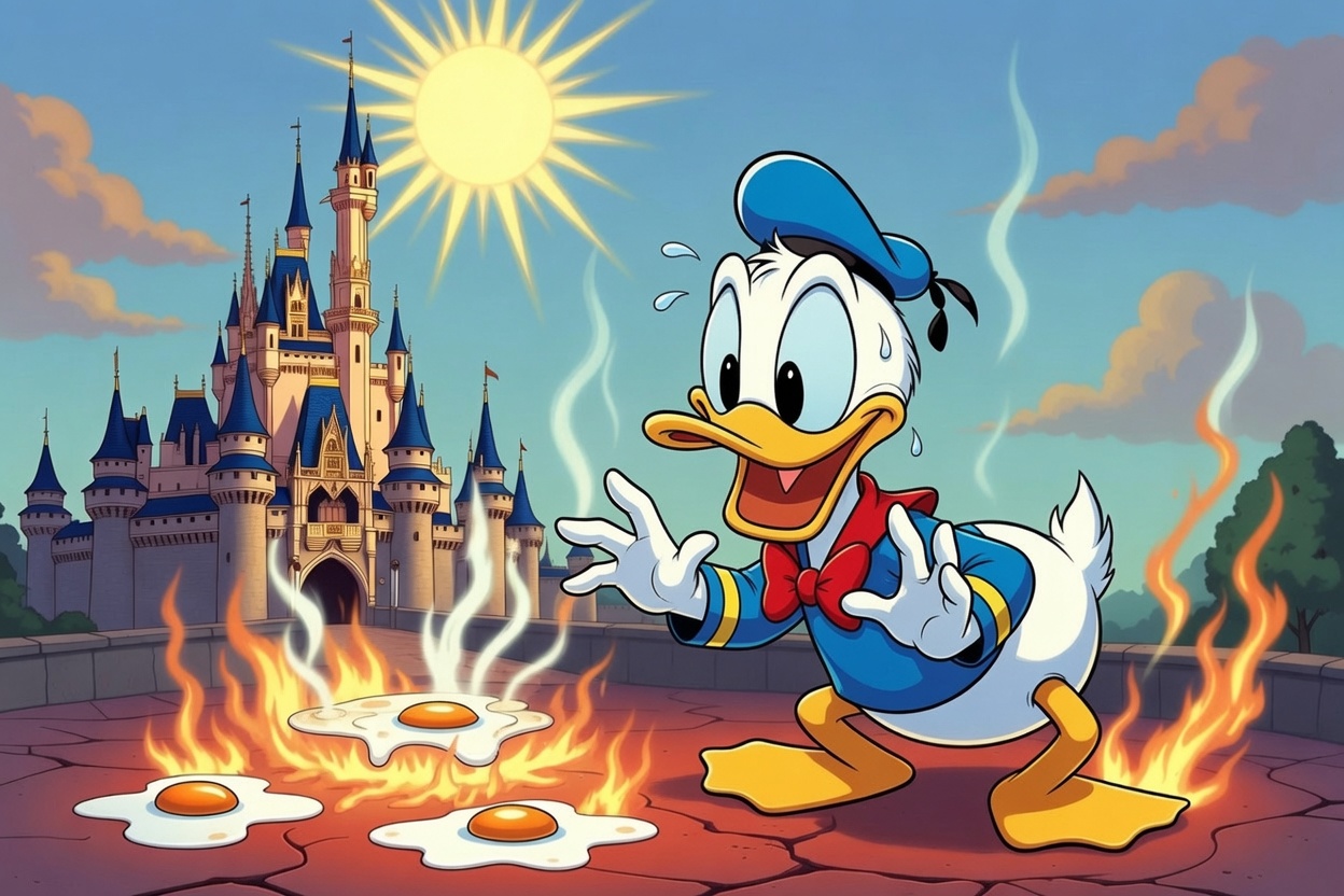 Image shows donald duck frying eggs on the pavemtn by a castle