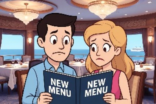 Image shows a sad faced couple looking at menus