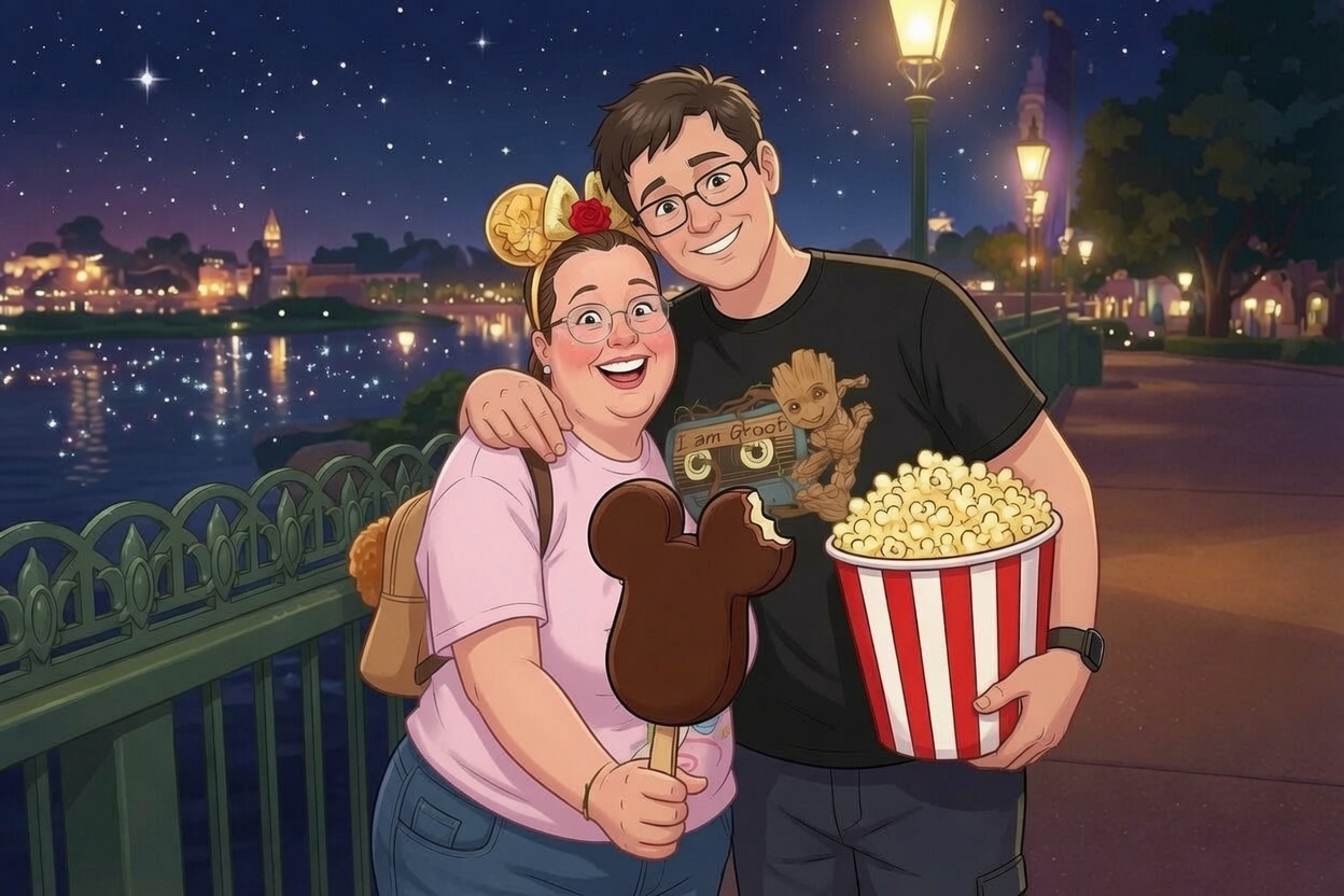 picture shows a cartoon image of a lady and man holding a Mickey Mouse shaped lolly and a bucket of popcorn