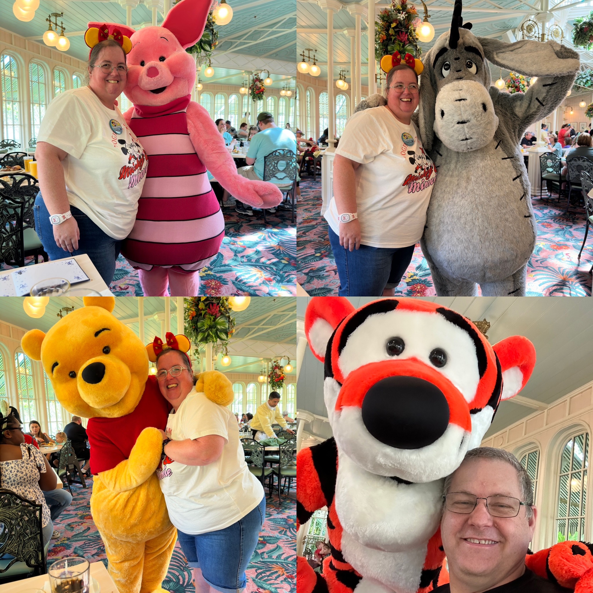 image is a collage of 4 pictures showing a man and lady with winnie the pooh, eeyore, tigger and piglet
