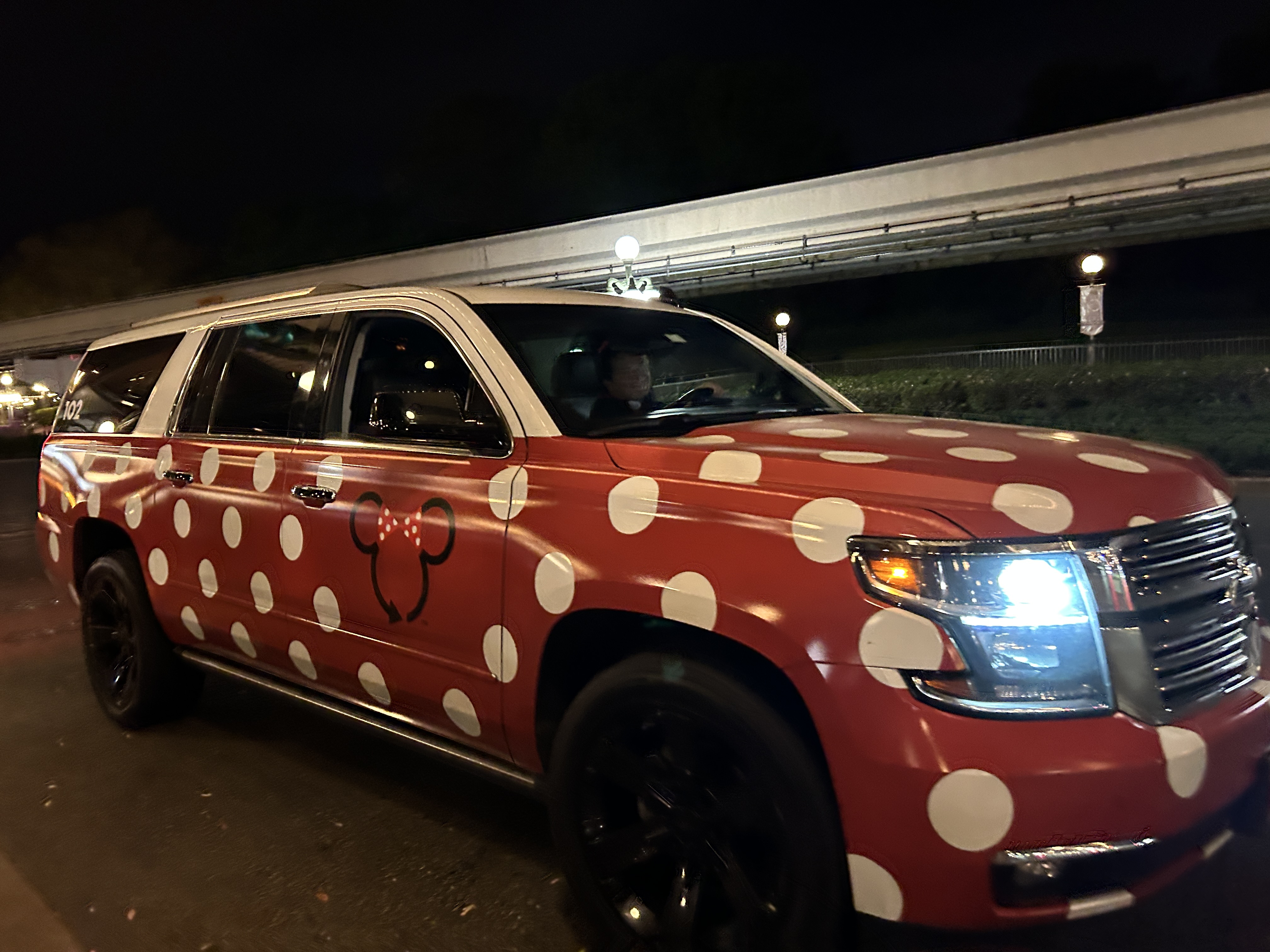 Image shows a nighttime scene with a car that is coloured red with white spots on it