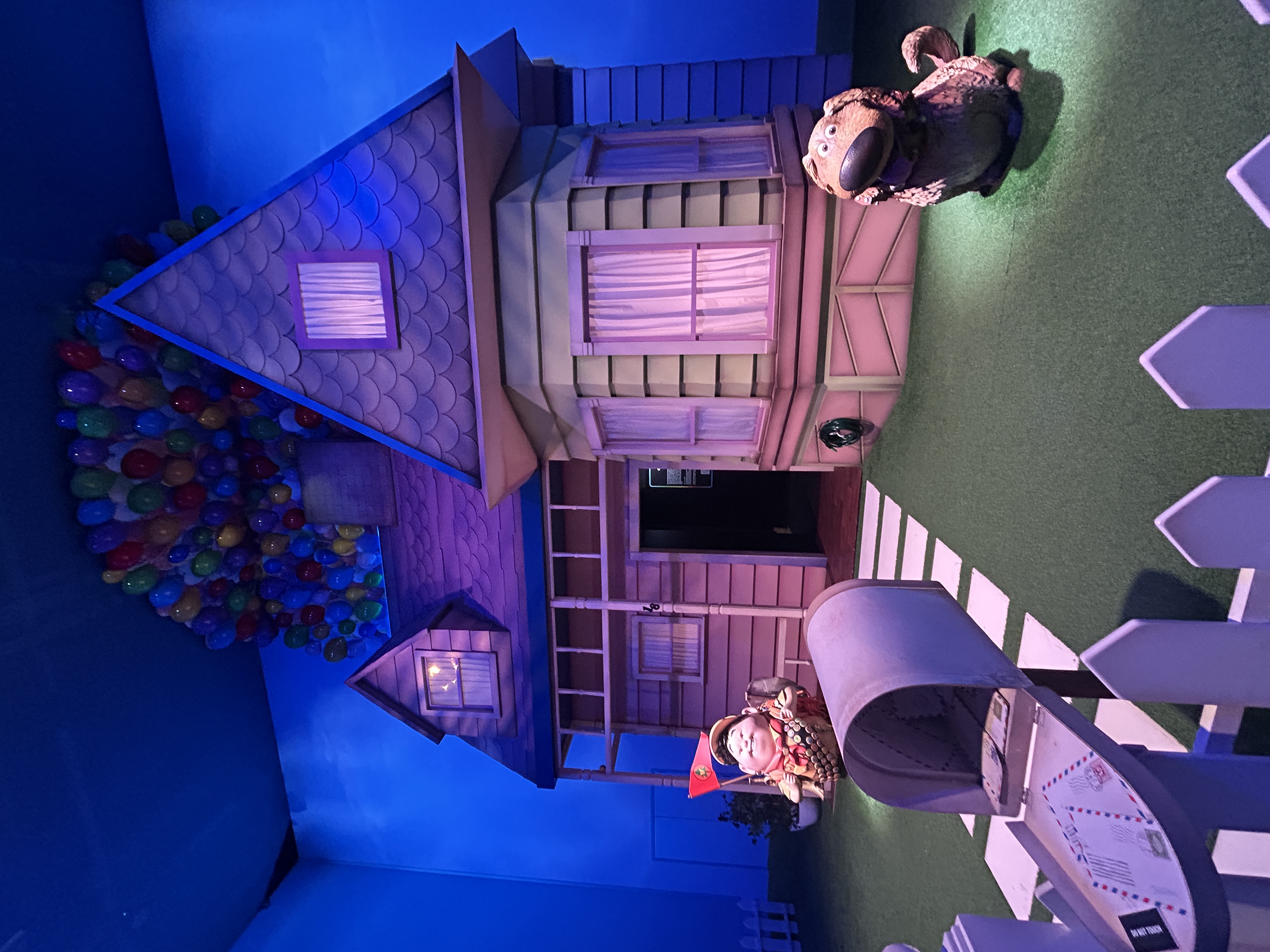 A cottage with a bunch of balloons on the roof; outside sit a dog and a boy in a scout uniform