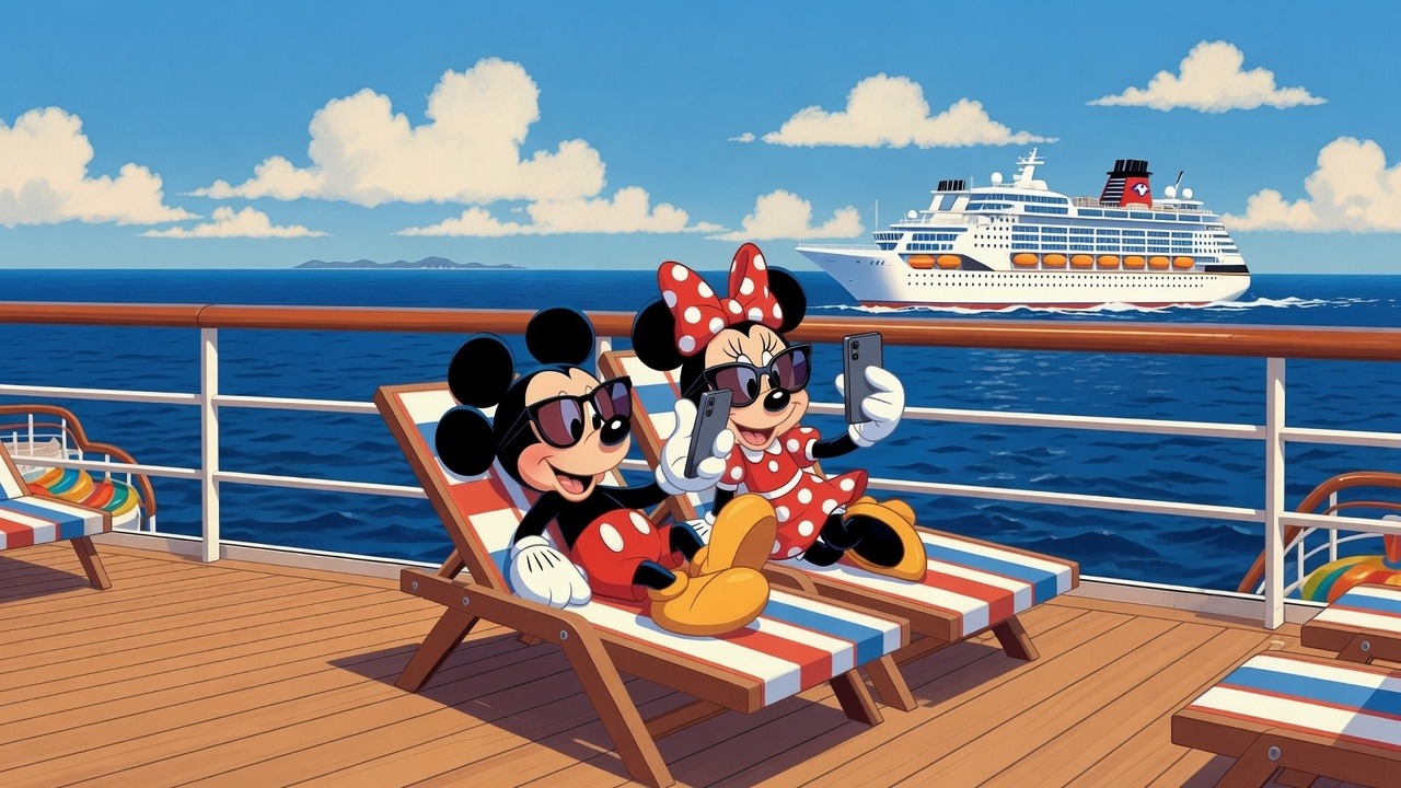 Mickey and Minnie Sitting on sunloungers on a cruise ship with their phones 