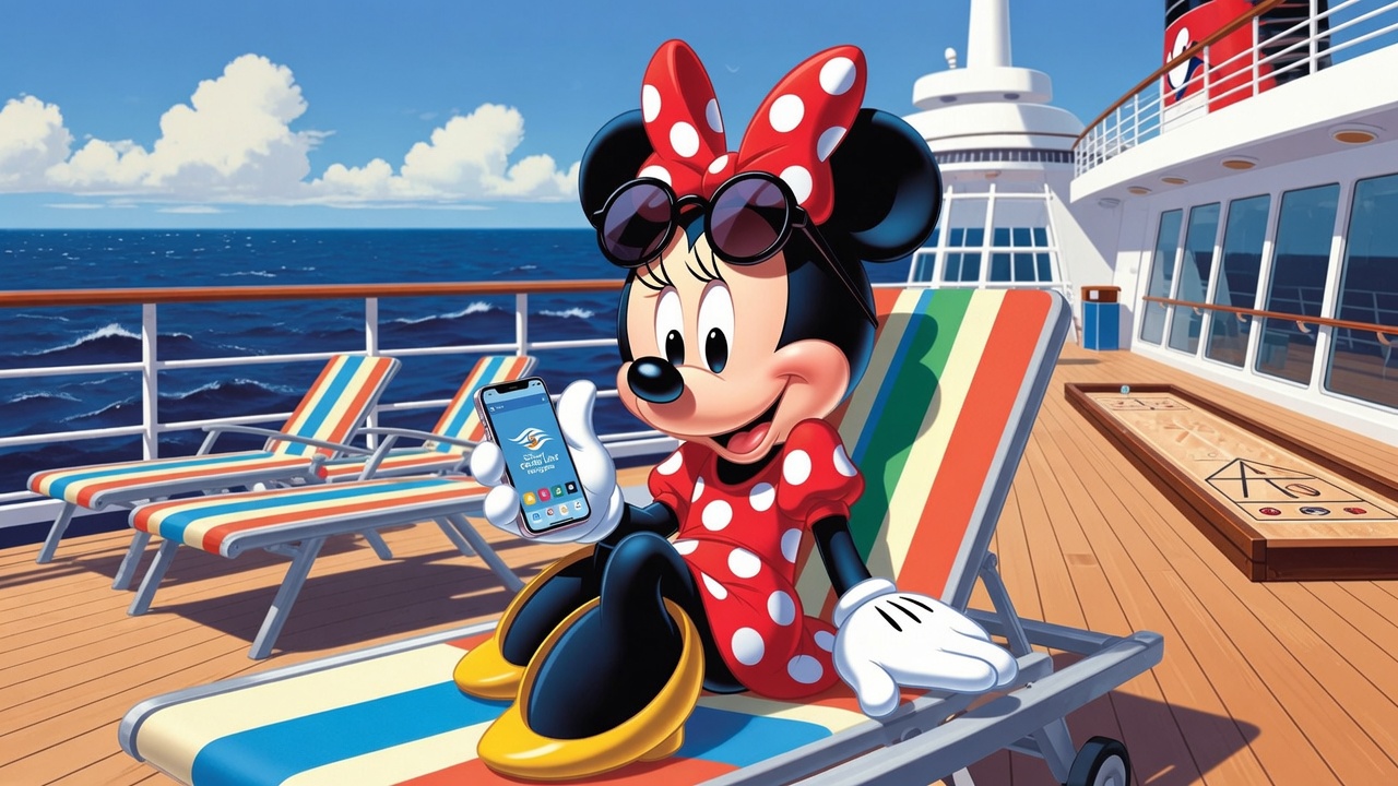 minnie on her phone sitting on a sunlounger on a cruise ship