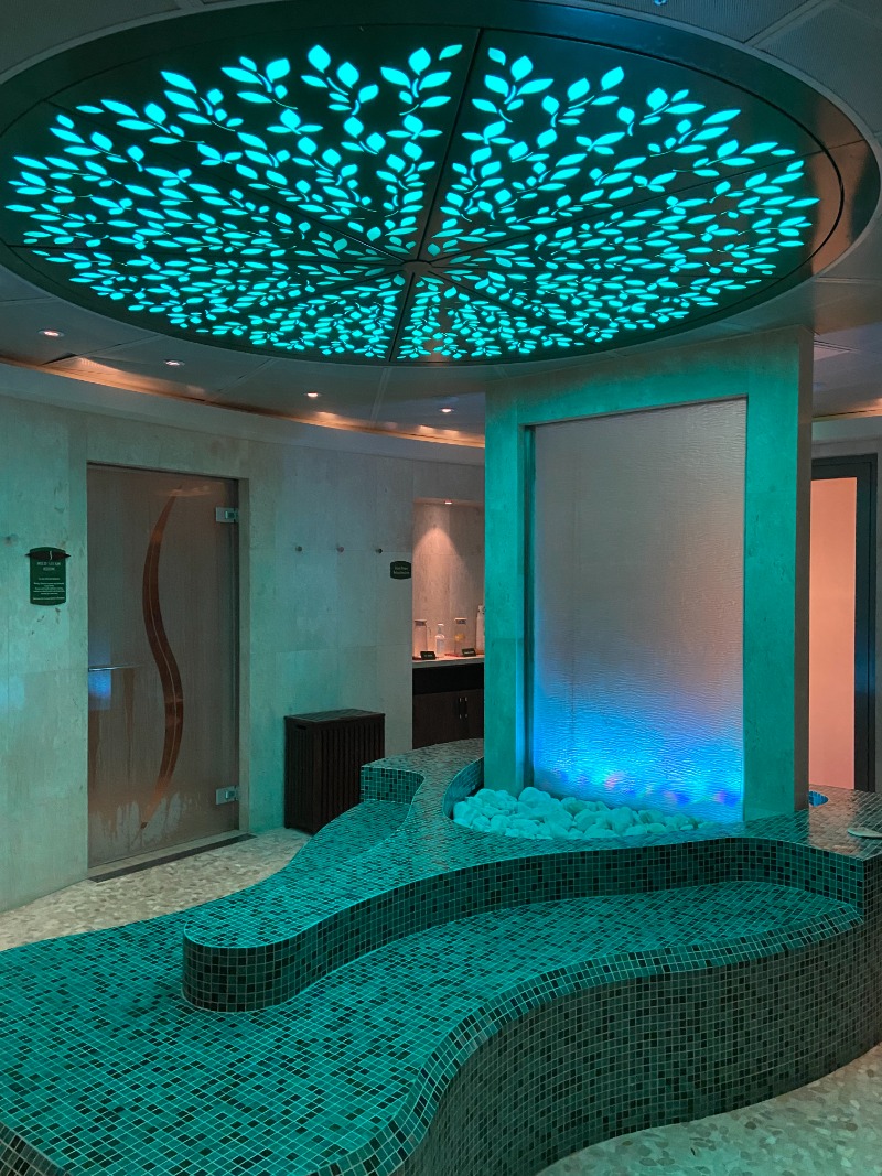 image shows a green lit eroom with a raised bench area