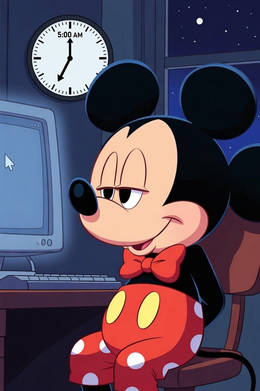Mickey mouse sitting at hits computer at 5am looking sleepy