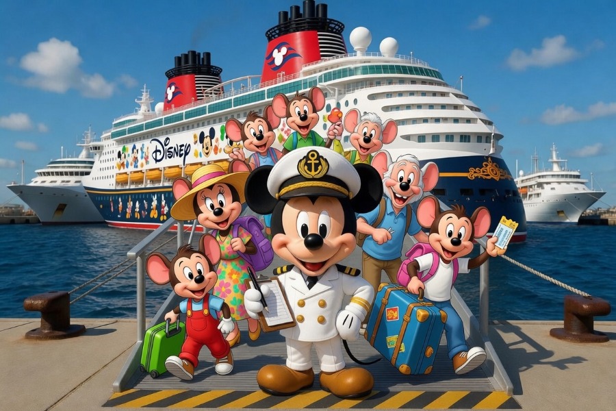 Image shows mickey mouse surrounded by a family of mice standing in front of a disney cruise ship