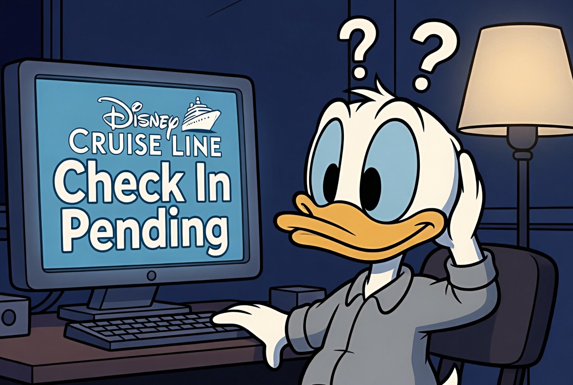 donald duck looking at his computer scratching his head screen shows check in pending