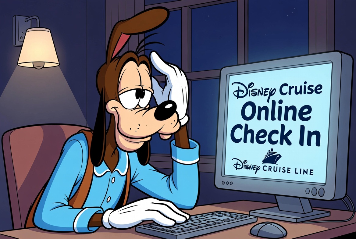 goofy looking a bit puzzled at a computer doing his disney cruise check in