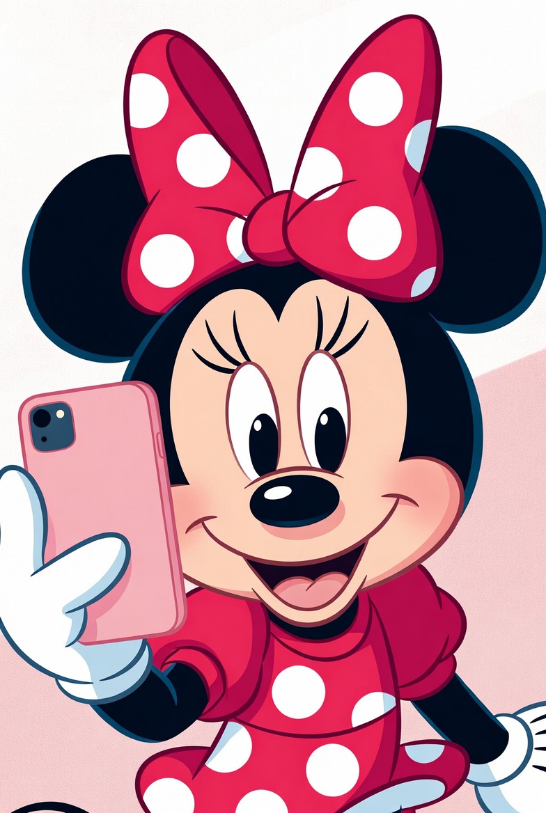 minnie mouse holding a mobile phone talking a selfie photo