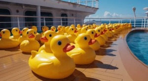Image shows rows of yellow rubber ducks by a pool