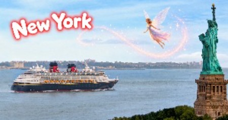 Tinkerbell flying over a Disney Cruise ship in front of the Statue of Liberty
