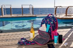 carry on backpack with a bottle of wine, sun cream next to a pool