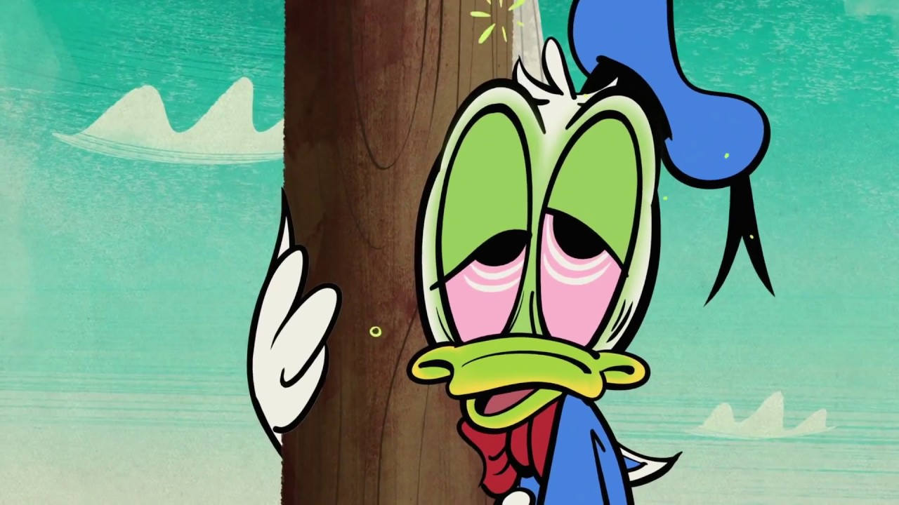 Donald Duck holding a post looking very green