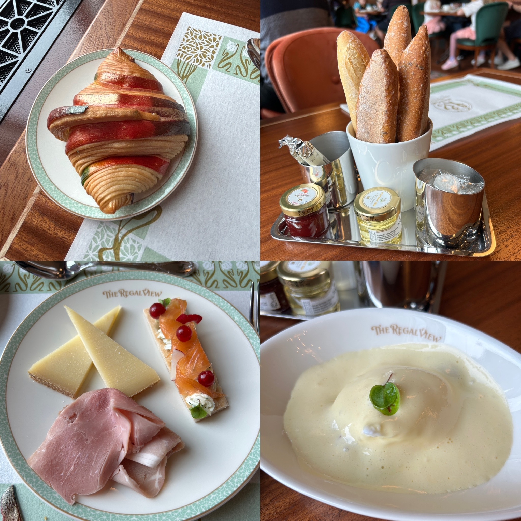 photo of 4 plates of food including a rainbow croissant, plate with cheese and meets and dich with egg in