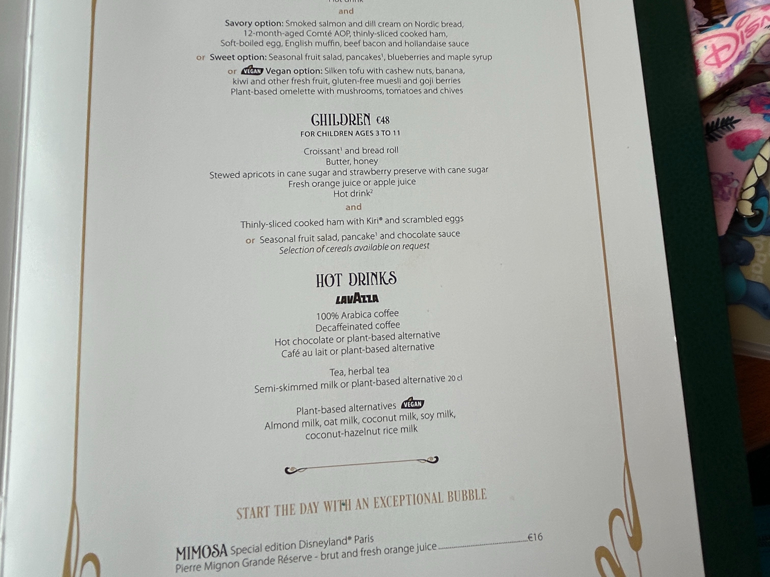 Image of printed menu details price and food options both sweet and savoury