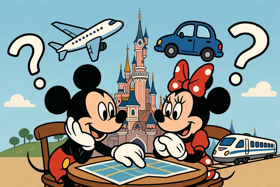 Image shows Mickey and Minnie Mouse planning their journey to DLP