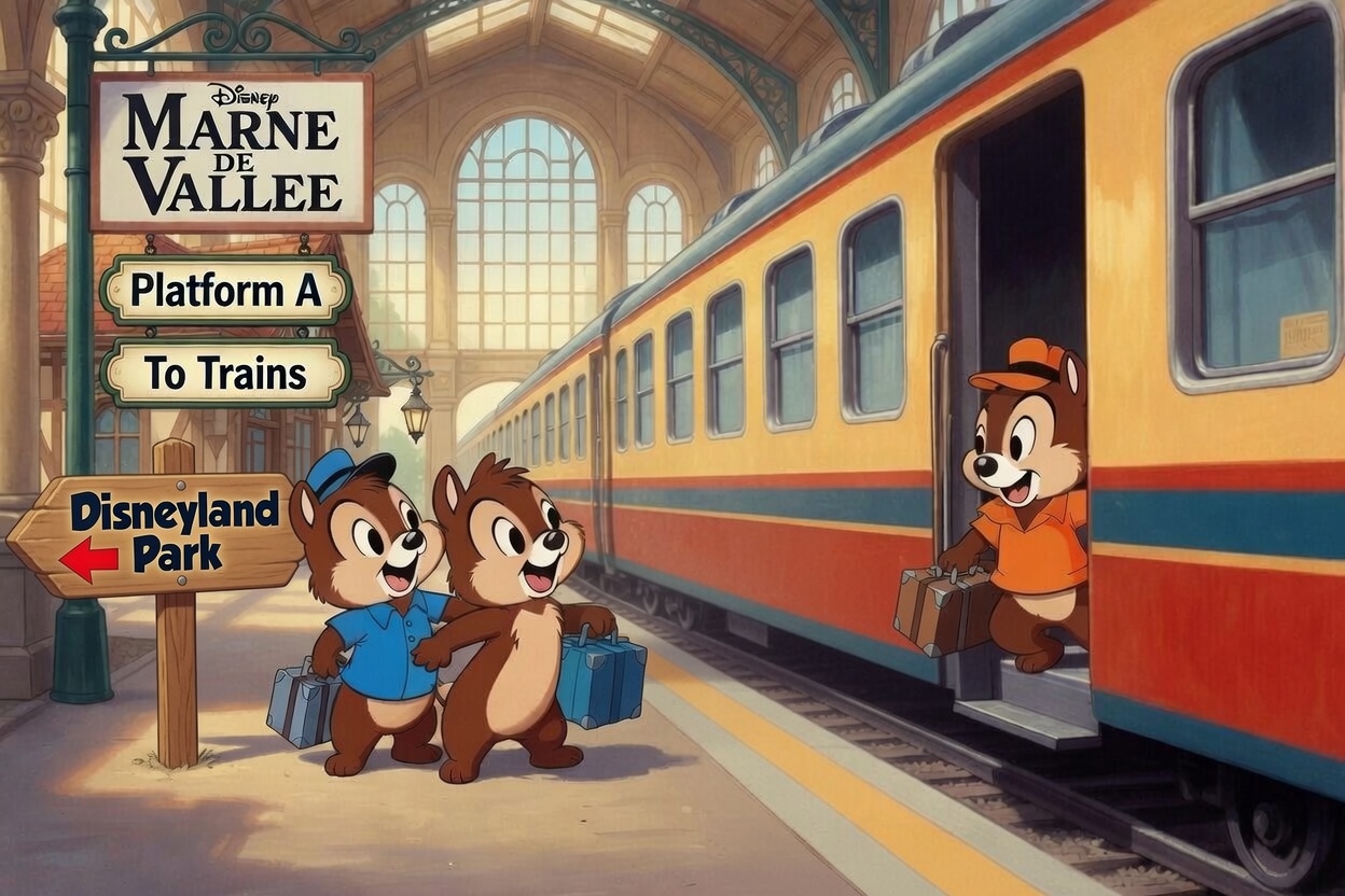 image shows chip n dale getting of a train at disney