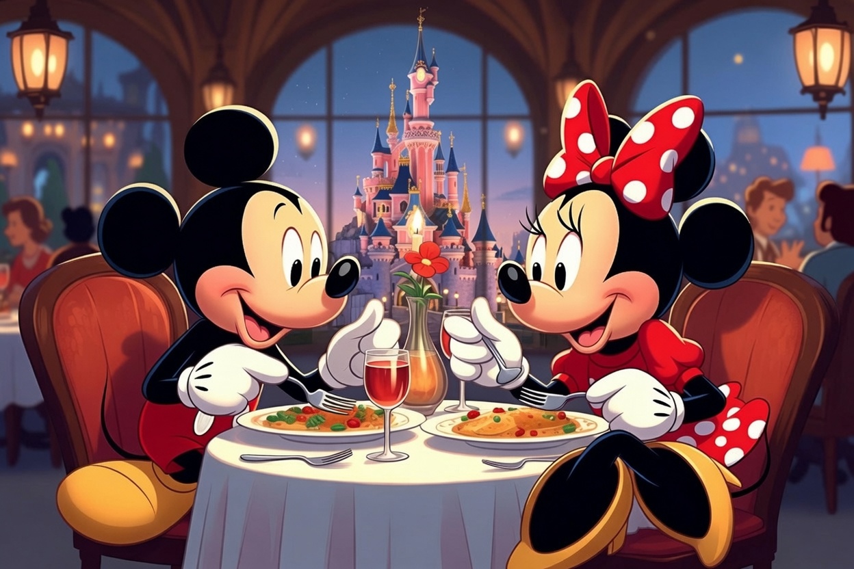 Image shows Mickey and MInnie having dinner with a castle in the background