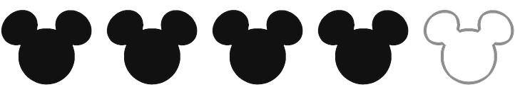 Image is 4 black mickey heads with one white mickey head with a black outline as a rating 4of5